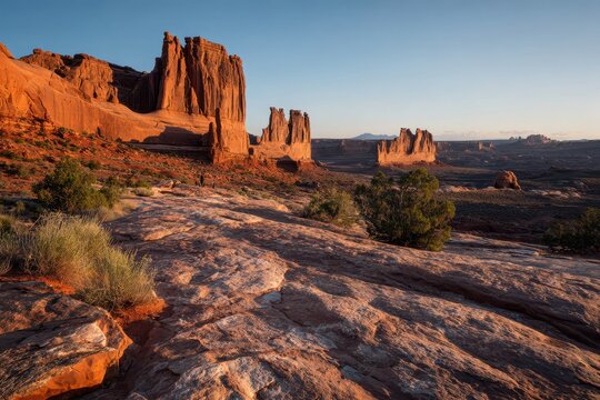 Golden hour sandstone arches and rugged fins in a vast desert canyon - Powered by Adobe