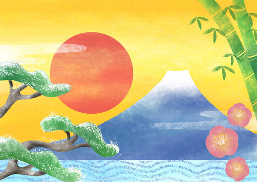 松竹梅と富士山、初日の出