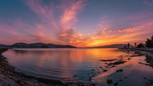 Golden sunset panorama over a tranquil coastal landscape at dusk