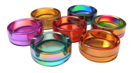 Vibrant Glass Ashtrays: A collection of seven colorful glass ashtrays, each with a unique iridescent hue, are artfully arranged in a circular composition, creating a visually captivating display.