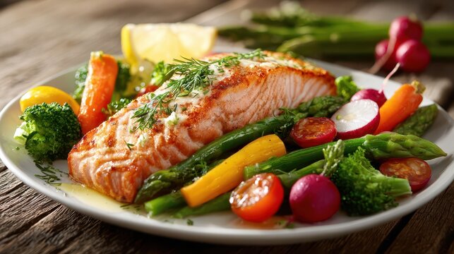 Gourmet salmon dish with roasted vegetables and lemon on a rustic table