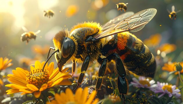 Detailed shot of a bee pollinating flowers amid a swarm with bright light and bokeh
