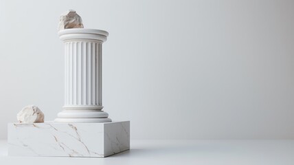 Fototapeta premium Roman stone column in 3D with Greek marble details, white background, classic ancient Greece podium, art museum setting.