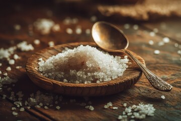 Granulated salt on a wooden dish with a spoon, warm amber light and aged wood surface