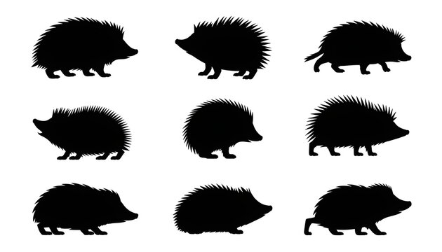 Hedgehog Silhouettes: A collection of black hedgehog silhouettes, capturing diverse poses, showcasing a versatile illustration with varied shapes and contours.