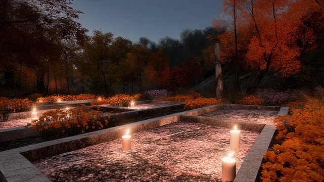 Serene autumn graveyard with candles and vibrant flowers in a peaceful forest setting