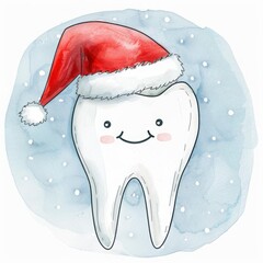 adorable kawaii smiling tooth wearing Santa hat on soft blue background with snowflakes, festive dental watercolor illustration. pediatric dentistry ads, dental clinic, children's dentistry, oral care