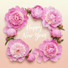 Happy New Year Greeting Card with Soft Pink Peony Gradient Floral Wreath Design