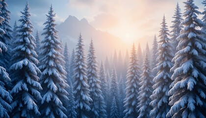 Beautiful Snowy Forest with Abstract Shiny Light Background for Winter, Holiday, and Magical Landscape Design Concepts