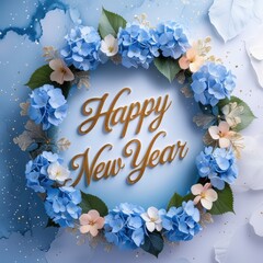Happy New Year Greeting Card with Floral Wreath Blue Hydrangeas and Gold Accents