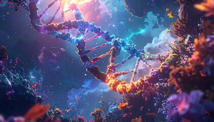 Colorful DNA helix floating in a vibrant, dreamlike world of fantastical flora and a light-streaked, cloud-filled sky