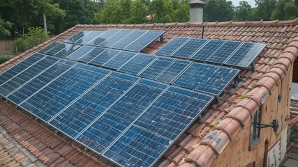 Blue sky over a house roof with photovoltaic solar panels generating clean renewable electric power - Powered by Adobe