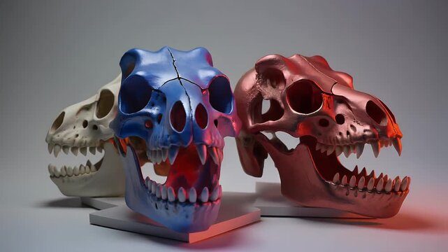 Primate Skull Models in Color, Artistic Monkey and Ape Skull Replicas on Display Stands

