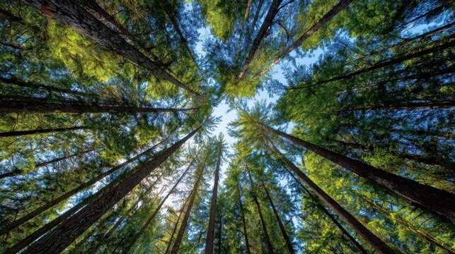 Ground-level view of towering trees reaching toward a clear blue sky on a sunny day