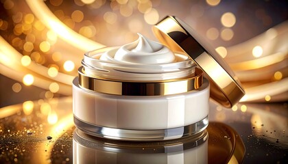 Creamy lotion jar with a golden cap. Bokeh golden lights in the background provide a luxurious feel