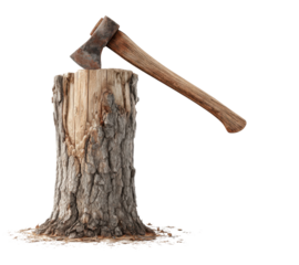 Axe on a Stump: A weathered axe embedded in a tree stump, an emblem of strength and the primal art of manual labor, embodies the rustic charm of woodworking.