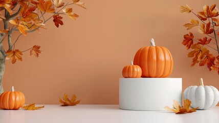 3D Halloween podium with an orange pumpkin backdrop, perfect for a spooky fall party setup.