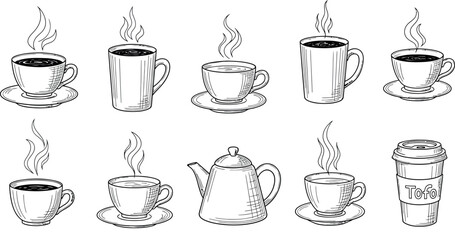 Collection of hand drawn coffee cups mugs and teapot with steam illustrating hot beverages