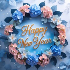 Happy New Year Greeting Card with Gold Text Blue and Pink Floral Wreath on Light Blue Background