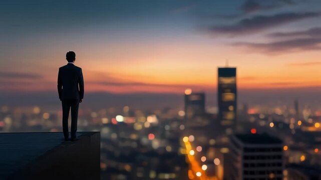 Businessman standing on a ledge overlooking a city skyline at sunset for motivational themes