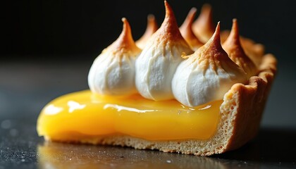 Slice of lemon meringue pie shows bright yellow citrus filling. Golden baked crust supports fluffy white toasted meringue peaks. Sweet dessert looks delicious. Fresh tasty treat ready to eat.