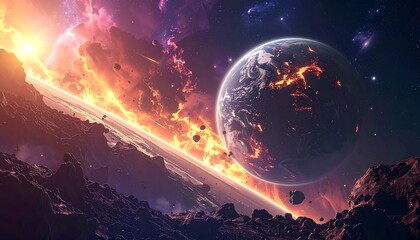 Dramatic space scene with a planet, rings, asteroids, and nebula against a rocky landscape