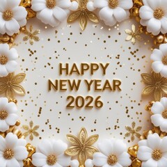 Happy New Year 2026 Greeting Card with Gold and White Floral Frame Design