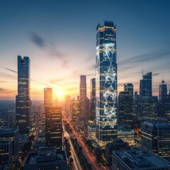 Fototapeta premium Stunning sunset over a modern city skyline with towering skyscrapers and illuminated streets.