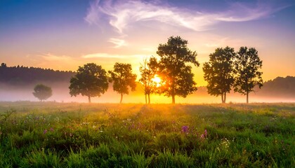 Golden sunrise over a meadow, trees silhouetted against the light, misty, with grasses and wildflowers in the foreground