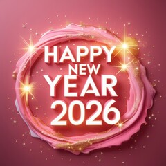 Happy New Year 2026 Greeting Card with Rose Pink and Fuchsia Glitter Starburst Design