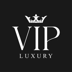 Elegant VIP Luxury Logo Design with Crown Symbol on Black Background.