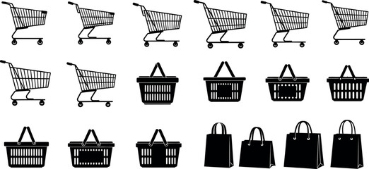 Collection of hand drawn sketch style shopping carts baskets and bags for retail and commerce