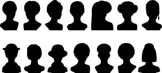 Collection of diverse black silhouette hairstyles on mannequin heads against a white background
