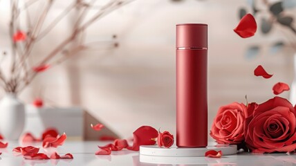 Red cylindrical pedestal with rose petals on a mirrored surface.