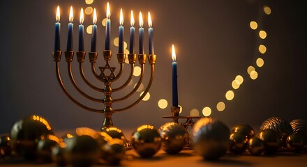 Photo of a glowing menorah with lit candles, symbolizing the hanukkah holiday, surrounded by festive golden ornaments and bokeh lights