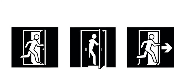 Three stylized figures in black and white depicting a person running through an open doorway indicating an exit