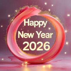 Happy New Year 2026 Greeting Card with Pink and Gold Glitter Fluid Ring Design
