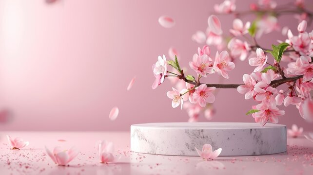 Soft pink background with marble podium and falling sakura petals.