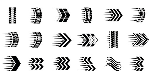 Collection of black and white abstract tire track patterns and graphic design elements