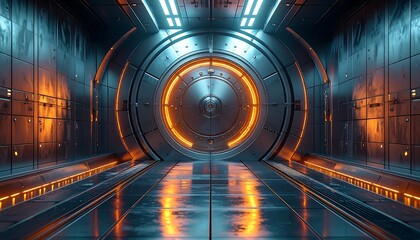 Futuristic corridor with a large circular doorway, glowing orange light, and reflective wet floor