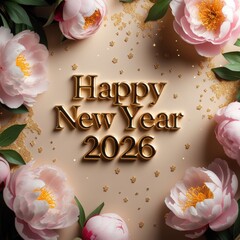 Happy New Year 2026 Greeting Card with Gold Text and Pink Peonies on Light Beige Background