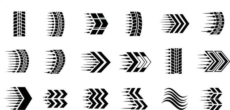 Collection of black and white abstract tire track patterns and graphic design elements
