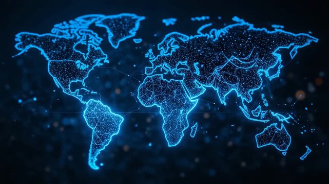 Abstract digital blue world map with network lines representing global business and technology communication concept - Powered by Adobe