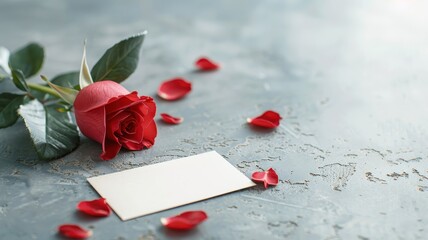 Chiaroscuro lighting highlighting rose and petals with blank notecard on concrete.