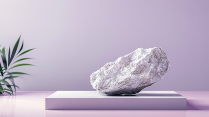 Close-up of stone podium with shimmering crystal on matte purple background.