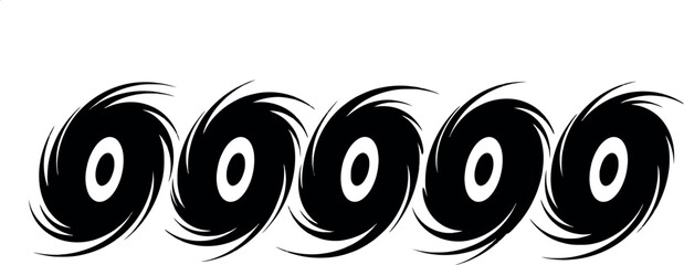 Five abstract black swirling vortex shapes with rough brushstroke texture on white background