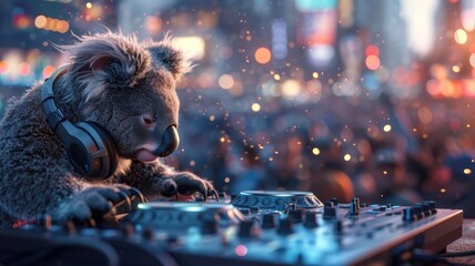 Photorealistic koala DJing at a turntable surrounded by partygoers.