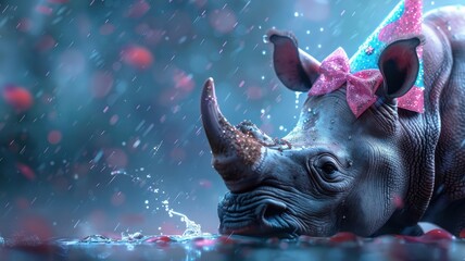 Playful rhinoceros calf spraying water in a neon-lit water park.