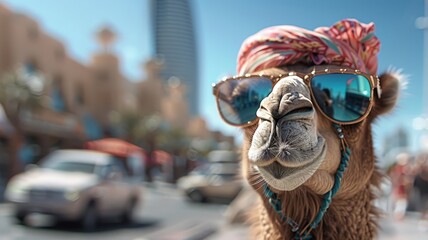 Stylish camel with disco turban in cityscape, for fashion editorials.