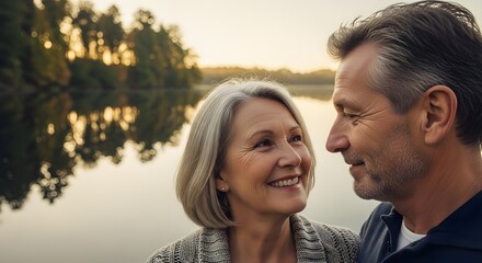 Elderly Couple Sharing a Peaceful Moment by the Lake at Sunset
